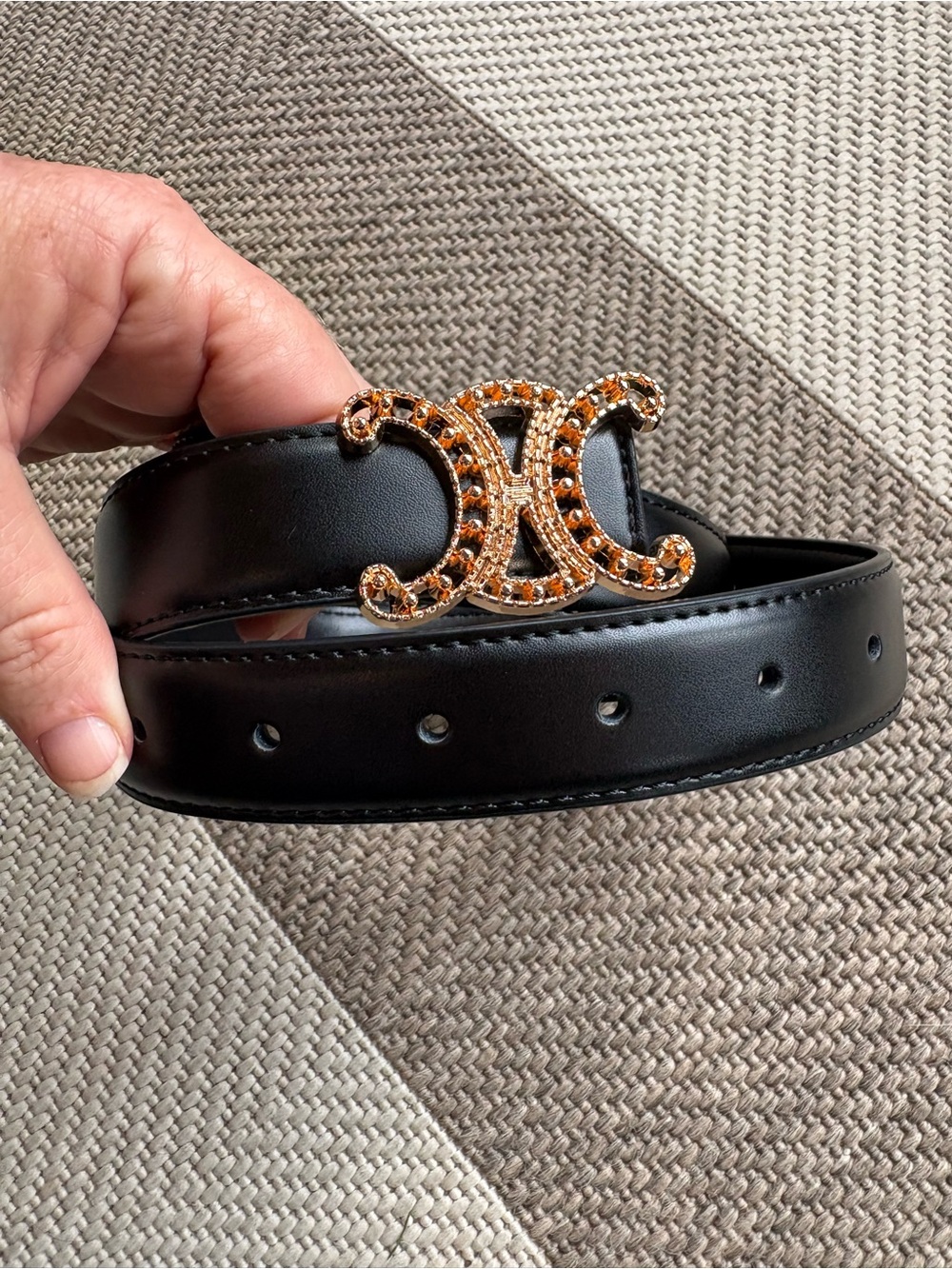 Black Leather Belt with Gold-Tone Decorative Buckle